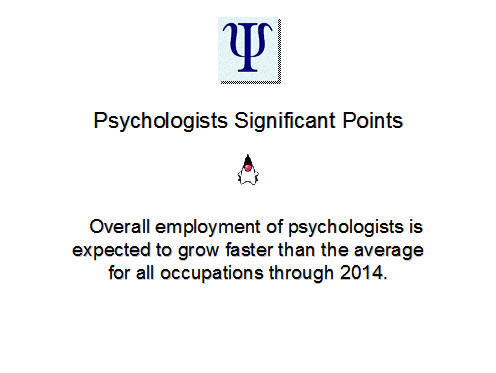 Psychologists Significant Points, Overall employment of psychologists is expected to grow faster than the average for all occupations through 2014. 